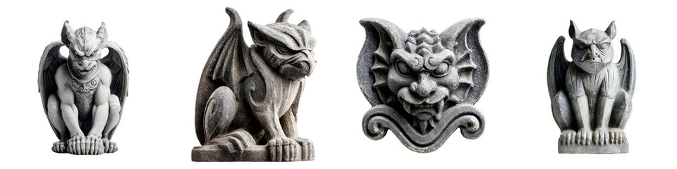 Stone Gargoyle Sculpture Collection - Gothic Grotesque Statues Isolated