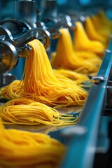 Industrial pasta production line with yellow noodles flowing from machinery in a factory setting
