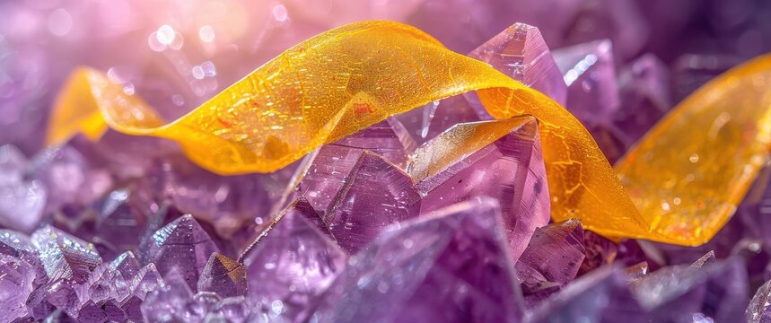 Macro photography captures a grainy yellow endometriosis ribbon emerging from textured purple mineral crystals with dramatic side lighting.