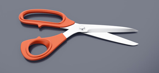 Stationery scissors with plastic handles are placed on a gray, reflective surface. 3D rendered graphic model shown in perspective view.