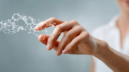 Human hand touching digital network connection with glowing nodes and lines, symbolizing technology and innovation