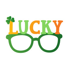 St. Patrick's Day glasses with the word 'Lucky' and a shamrock, in green and orange.