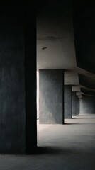 Dark Concrete Interior Hallway With Columns And Light Streaks