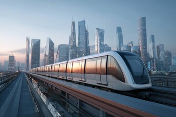 Obraz premium A sleek train glides along an elevated track under a stunning skyline featuring tall, reflective skyscrapers. The warm colors of sunset enhance the urban landscape