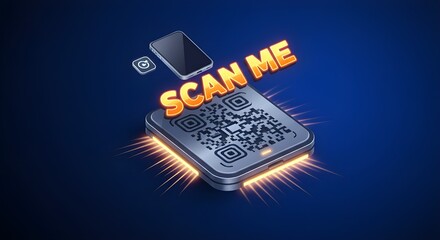 3D Illustration of QR Code Scan with Smartphone and Glowing 'SCAN ME' Text on Dark Background