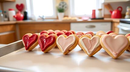 Row of heart-shaped cookies with icing, lined up on a baking tray in a homely kitchen scene