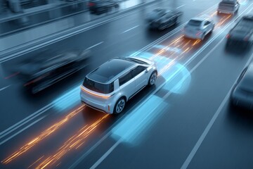 A white electric vehicle maneuvers through a busy city street during the early evening, highlighted by glowing motion trails that indicate its movement and speed amid surrounding traffic