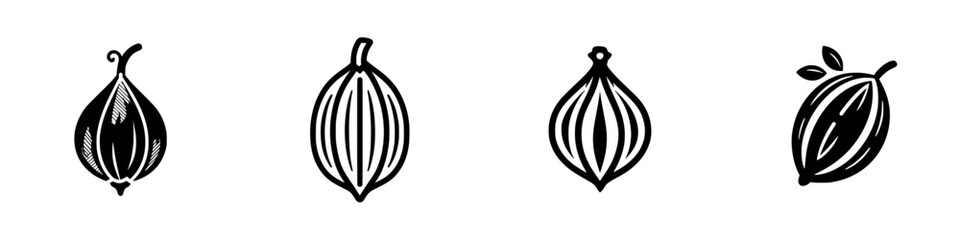 Stylized cardamom pods with leaves and stems, black and white line art, minimalist monochrome icons