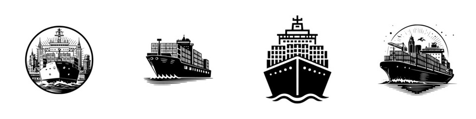 Cargo ships sailing on water with city skyline, minimalist monochrome icons