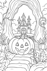 Black and White Line Art Halloween Castle & Pumpkin Coloring Page