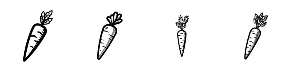Hand-drawn carrot icons with green tops and textured bodies, isolated on white, minimalist monochrome icons