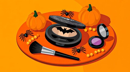 Halloween makeup illustration with pumpkins and spiders on orange background