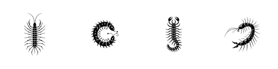 Stylized black centipede and scorpion silhouettes on white background, minimalist monochrome icons