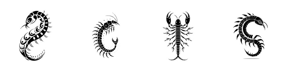 Stylized Black Scorpion and Centipede Silhouettes on White, minimalist monochrome icons