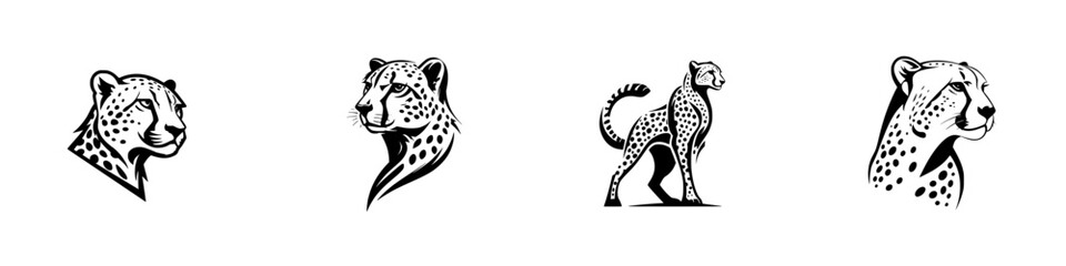 Cheetah Head and Body Profiles, Black and White, minimalist monochrome icons