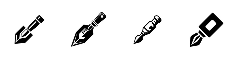 Stylized pen nibs and writing instruments, black graphic icons, minimalist monochrome icons