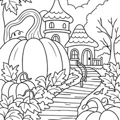 Black and White Line Art Fairy Tale Autumn Scene Coloring Page