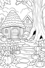 Black and White Line Art Fairy Tale Rural Scene Coloring Page