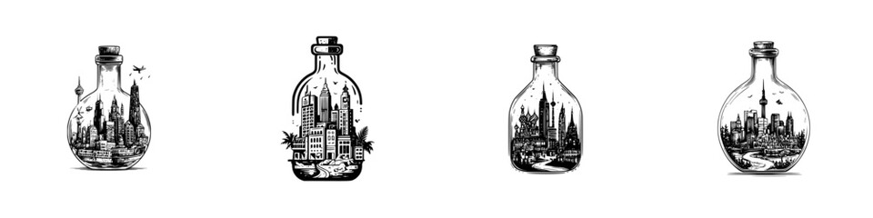 City skylines inside glass bottles, diverse architectural styles and urban landscapes, minimalist monochrome icons