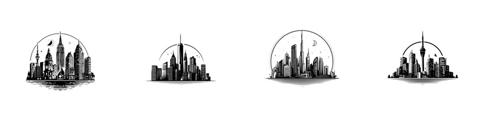 Obraz premium Diverse city skylines with architectural variety under arched frames and starry night sky, minimalist monochrome icons