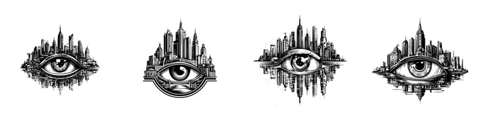 Obraz premium Urban cityscape with watchful eye emblem and architectural skyscrapers, minimalist monochrome icons