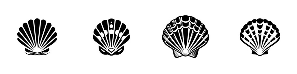 Stylized scallop shells in black and white, marine life and ocean themes, minimalist monochrome icons