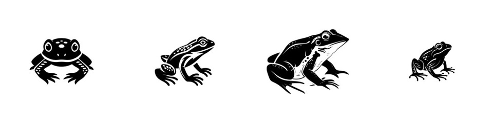 Stylized black frogs in various poses on white background, minimalist monochrome icons