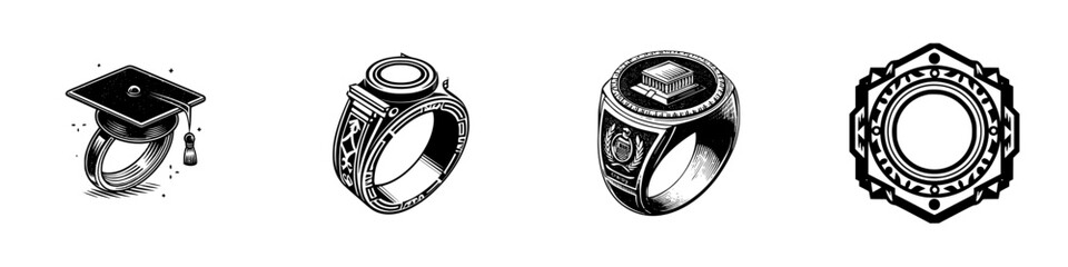 Academic and symbolic rings with graduation cap, minimalist monochrome icons