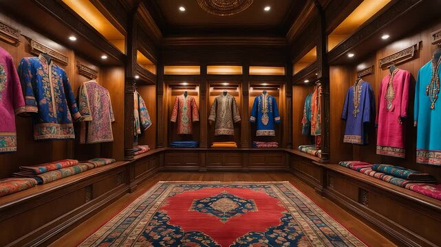 Luxurious wooden wardrobe room with traditional embroidered garments, colorful fabrics, elegant lighting and decorative oriental carpet floor