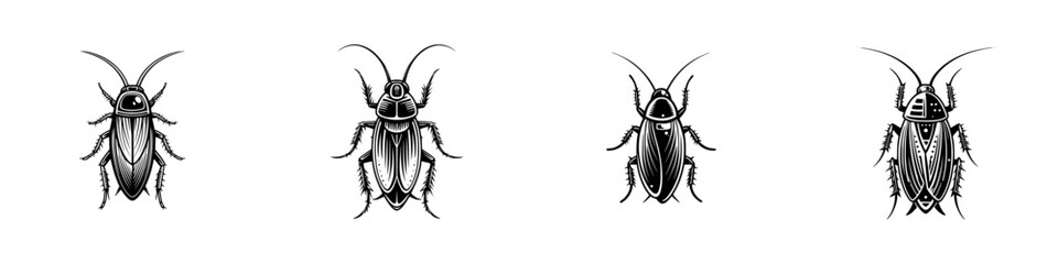 Four stylized cockroaches viewed from above, black and white, detailed legs and antennae, minimalist monochrome icons