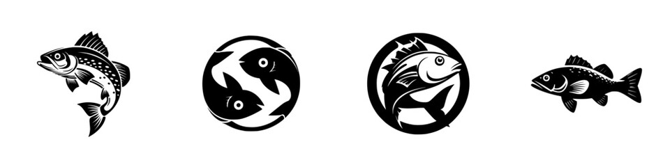 Stylized Fish Icons and Symbols for Aquatic Themes, minimalist monochrome icons