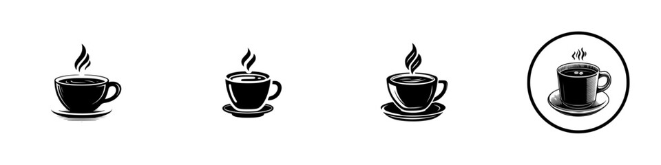 Steaming Coffee Cup and Saucer Icons with Circular Emblem, minimalist monochrome icons