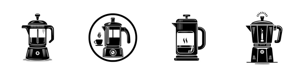 Coffee makers and brewing devices in black and white silhouette style, minimalist monochrome icons
