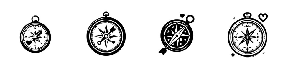 Vintage compass icons with hearts and directional arrows, minimalist monochrome icons