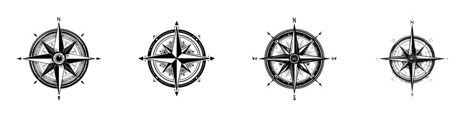 Vintage compasses with directional points and ornate detailing, black and white graphic elements, minimalist monochrome icons © Andrei