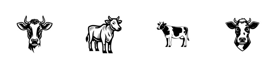 Stylized cow heads and farm animals in black and white graphic art, minimalist monochrome icons