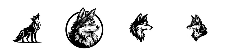 Stylized wolf head and howling wolf silhouette graphic art, minimalist monochrome icons © Andrei