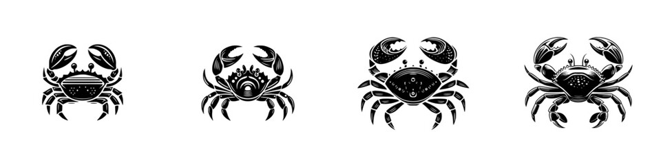 Obraz premium Stylized black crab silhouettes with detailed claws and shells on white background, minimalist monochrome icons