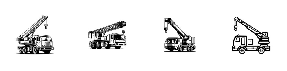 Mobile Crane Trucks with Telescopic Boom and Hook, minimalist monochrome icons © Andrei
