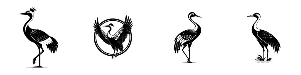 Graceful crane silhouettes in various poses, symbolizing nature and elegance, minimalist monochrome icons