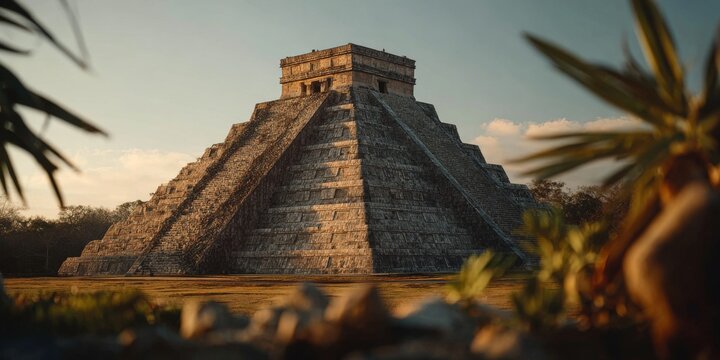 Chichen itza pyramid dominating yucatan landscape at sunset in mexico