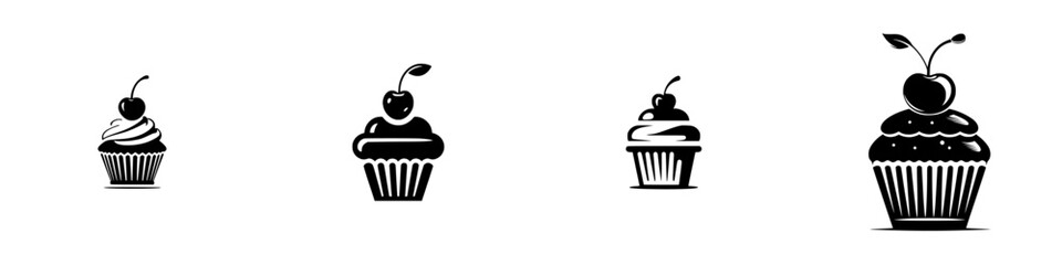 Stylized Cupcake Icons with Cherry, minimalist monochrome icons