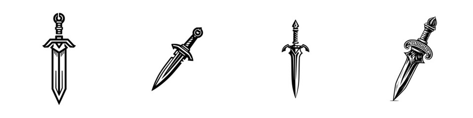 Stylized swords and daggers with ornate handles and sharp blades in a graphic style, minimalist monochrome icons