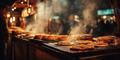 Street food vendor preparing tlayudas at night market in oaxaca, mexico