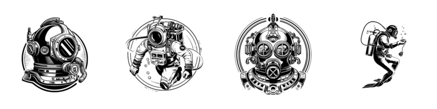 Vintage diving helmet and diver silhouette for retro deep sea exploration, minimalist monochrome icons