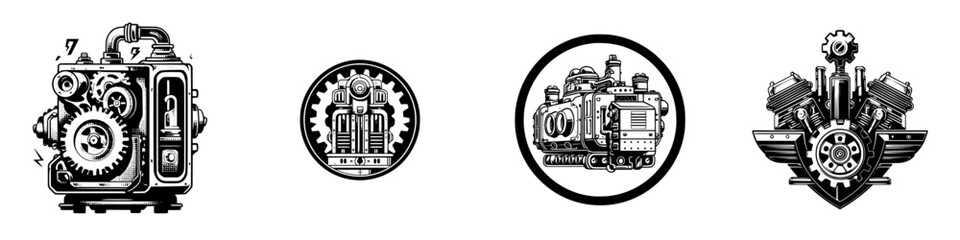 Obraz premium Steampunk engine parts and emblems with gears and pipes, minimalist monochrome icons