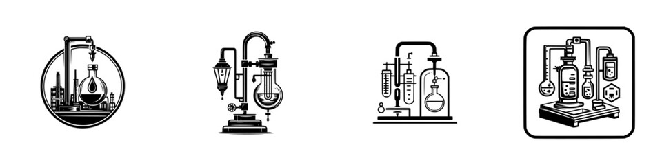 Vintage laboratory equipment with flasks and tubes for chemical experiments, minimalist monochrome icons