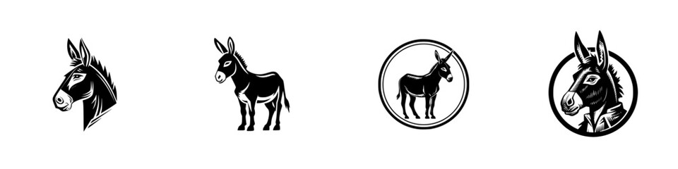 Donkey Head and Body Silhouettes, minimalist monochrome icons