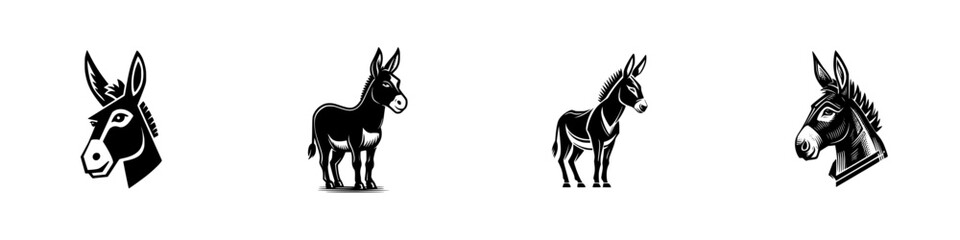 Stylized donkey head and body silhouettes, black and white, minimalist monochrome icons