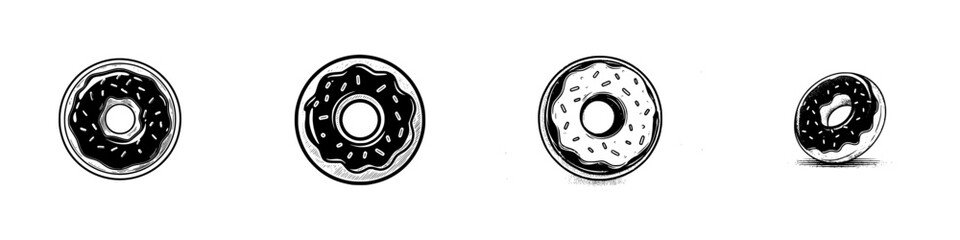 Stylized donuts with chocolate glaze and sprinkles in a row, minimalist monochrome icons
